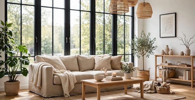 Jasny salon w stylu skandynawskim z beżową sofą, drewnianymi elementami i dużymi oknami.
